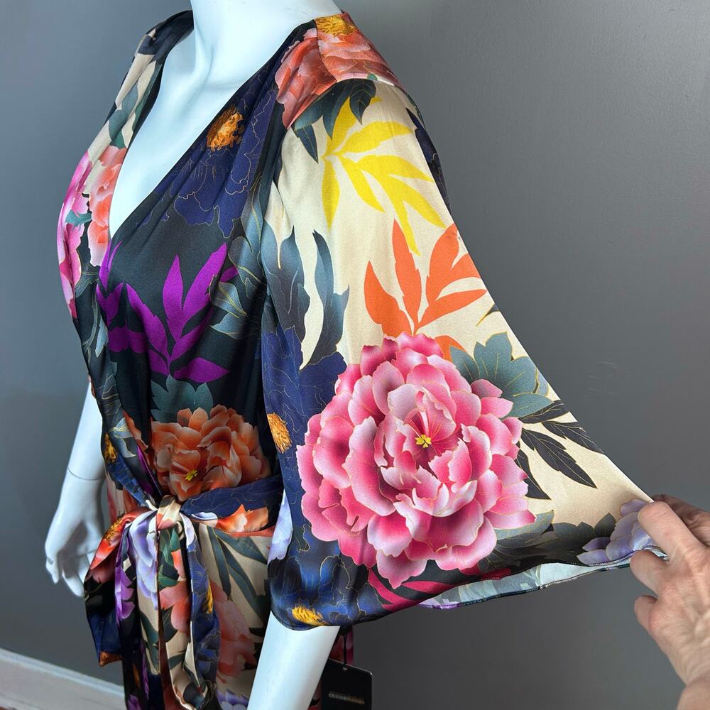 Kobi Halperin Wrap Dress XL Floral Silk-Blend Faux Kimono NWT Asian Fringe Boho - Picture 6 of 16